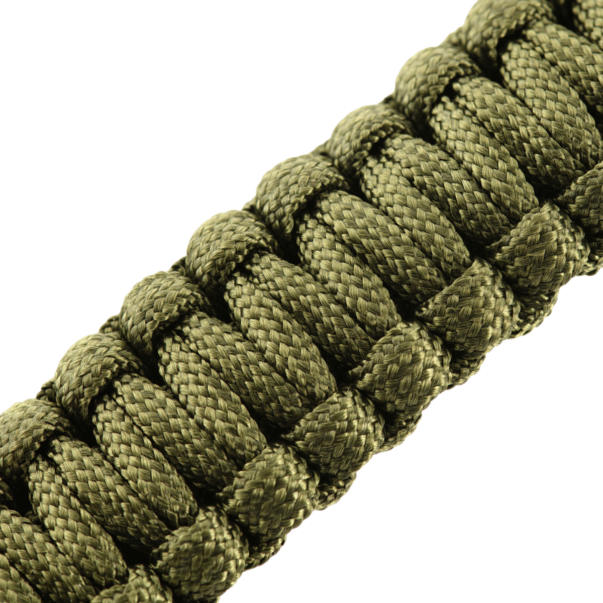 Lähikuva M-Tac Paracord-rannekorusta tulentekijällä, kompassilla ja pillillä, vihreä, ihanteellinen selviytymiseen ja retkeilyyn