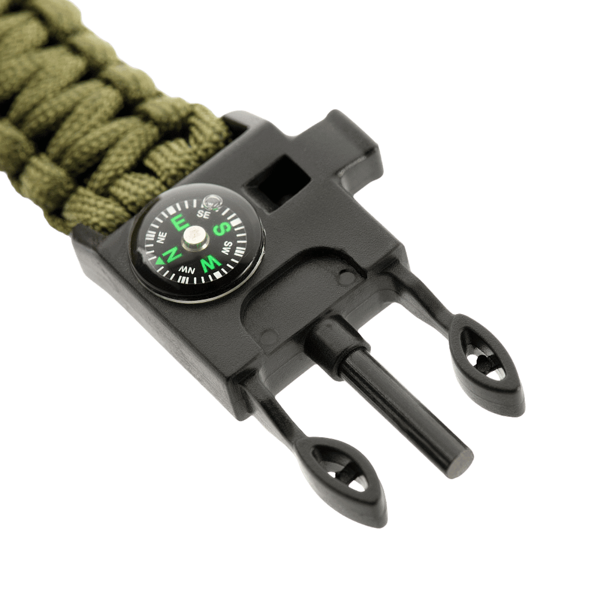 M-Tac Paracord-rannekoru vihreänä tulentekijällä, kompassilla ja pillillä, täydellinen retkeilyyn ja selviytymiseen