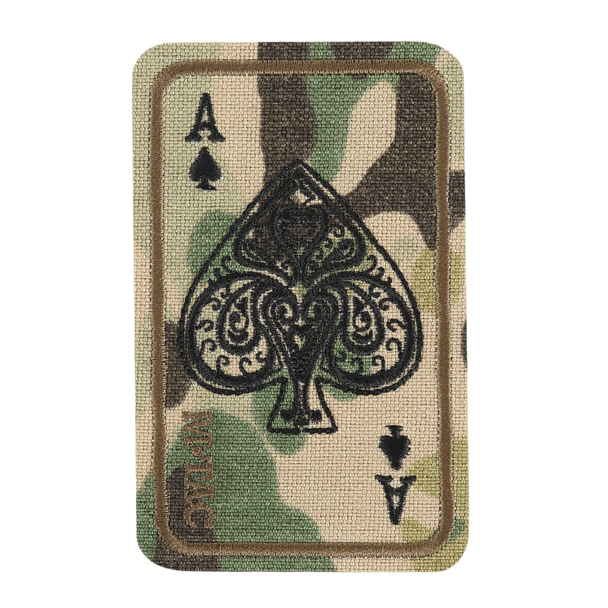 M-Tac Patch Ace Of Spades (broderi) – kestävä Cordura 500D, kirjailtu kuvio ja Velcro‑kiinnitys, maastovärit.