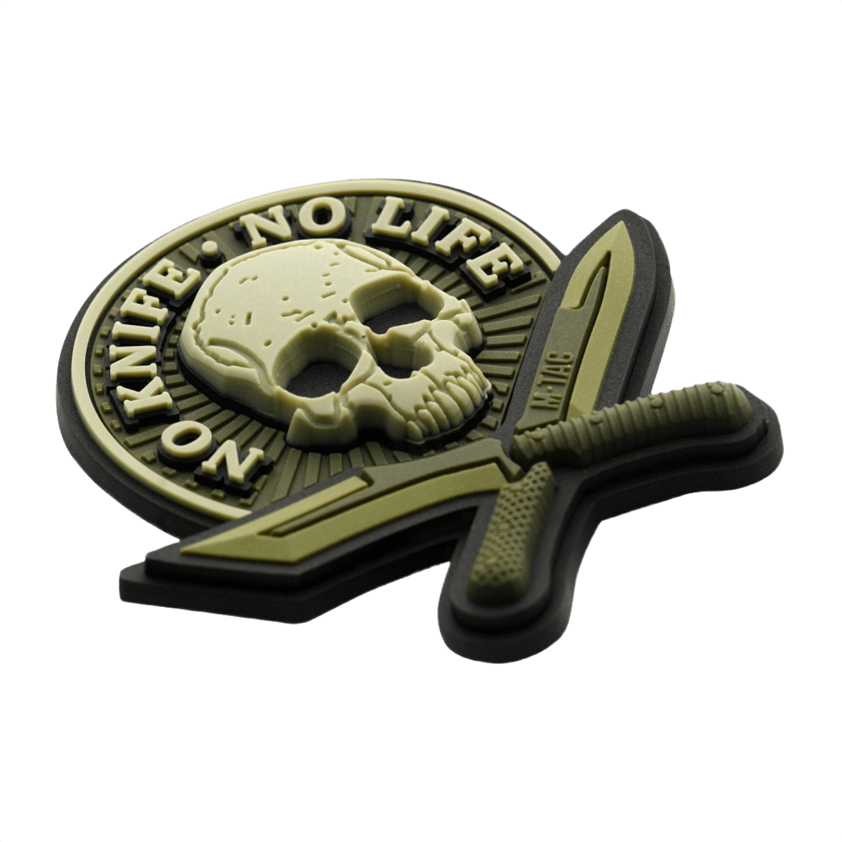 Taktinen M-Tac Patch No Knife – No Life 3d PVC veitsi ja pääkallo, velcro-takana, realistinen 3d-ilme, 50x50 mm