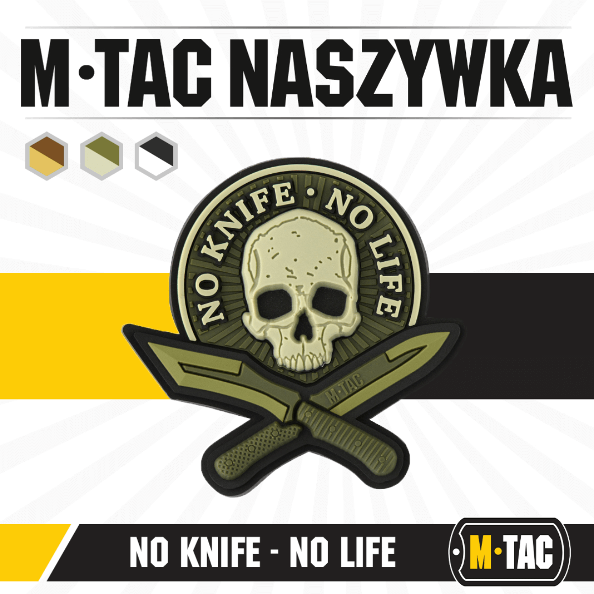 M-Tac Patch No Knife – No Life 3d PVC taktinen morale-tarra veitsiaiheella, kumimateriaali ja velcro, 50x50 mm