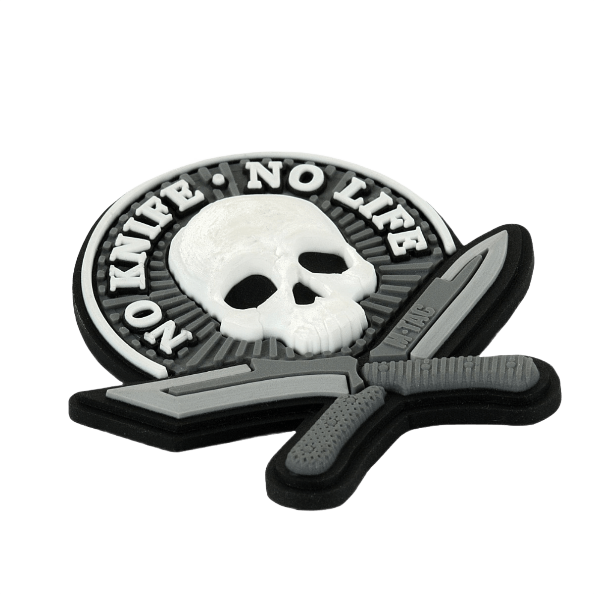 M-Tac Patch No Knife – No Life 3d PVC morale-tarra pääkallolla ja veitsillä, velcro-takana, 50x50 mm