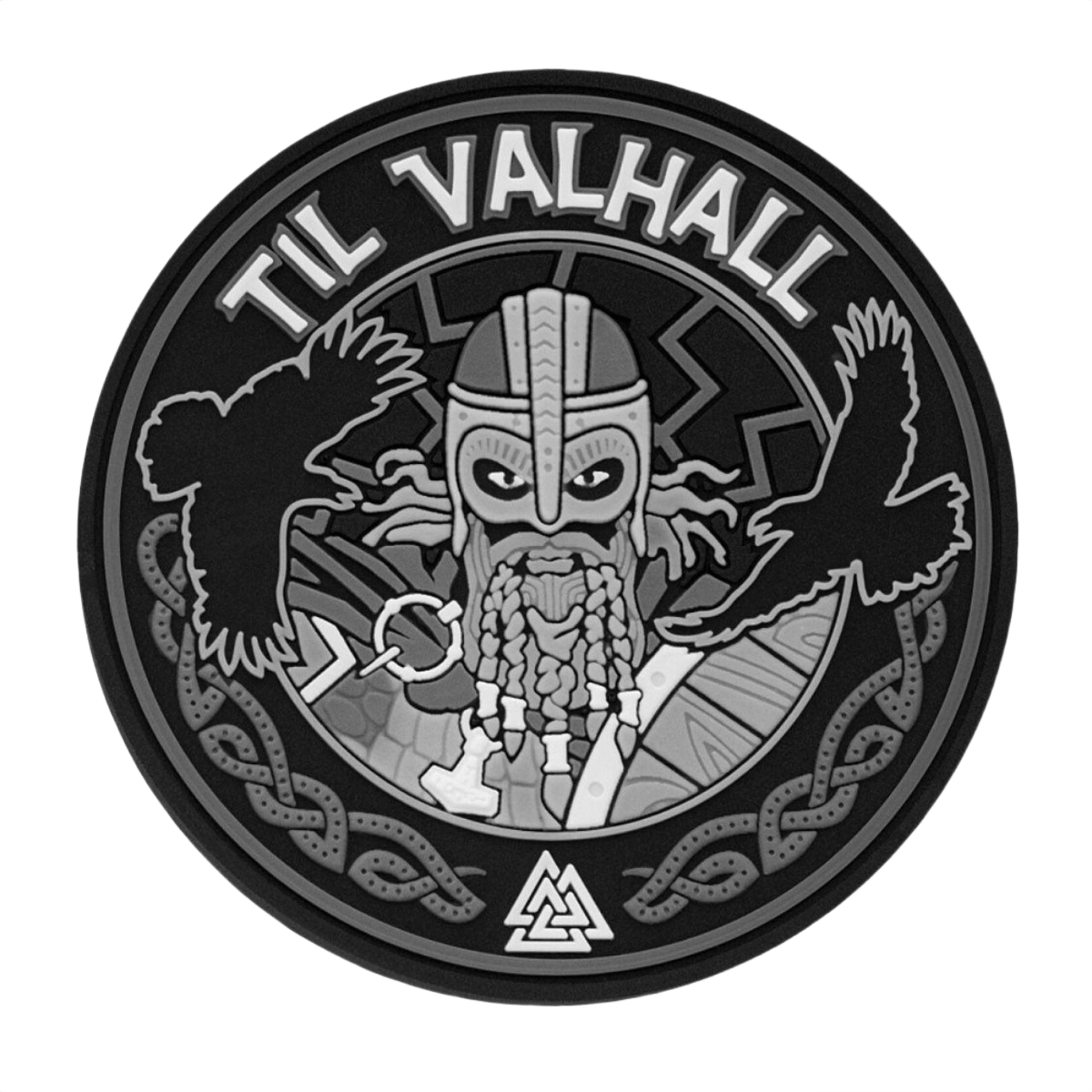 M-Tac Patch Til Valhall PVC viikinki-kuvioilla, kaksi korppia ja yksityiskohtainen 3D-efekti, halkaisija 80 mm, sopii univormuun tai laukkuun.
