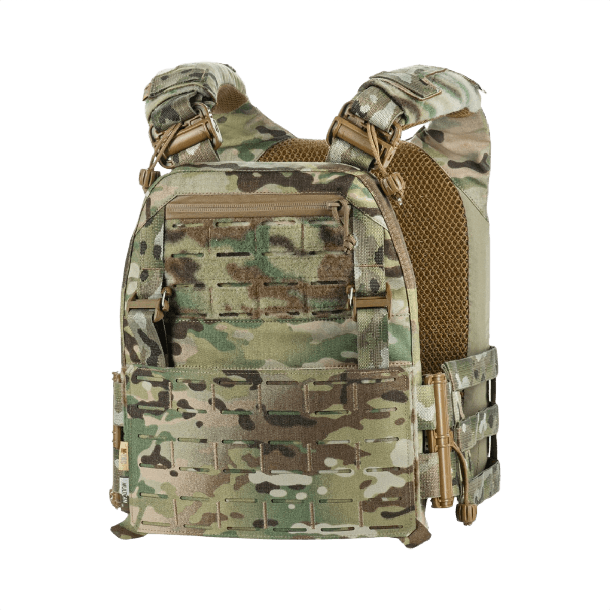 M-Tac Plate Carrier Cuirass FAST Elite Gen.II camo-kuviossa, suunniteltu ESAPI Medium -levyille, pikalukot ja säädettävät remmit.