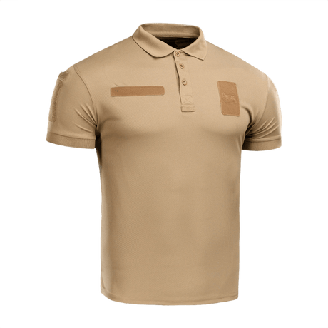 M-Tac Polo Elite Tactical Coolmax hiekansävy, suunniteltu poliisi- ja turvallisuustyöhön. 50% polyesteri, 50% Coolmax, kosteutta siirtävä.