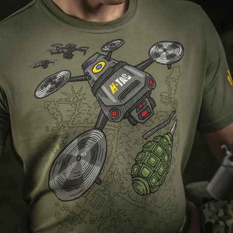 M-Tac T-Shirt Quadcopter, dronemotiivi ja kranaatit, 93% puuvillaa, 7% elastaania, vihreä kelta-sinisin yksityiskohdin.