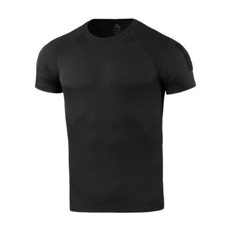 M-Tac T-Shirt Raglan Sweat-Wicking Tactical Summer, musta raglan-t-paita, täydellinen lämpimiin päiviin ja fyysiseen aktiviteettiin, nähtynä edestä.