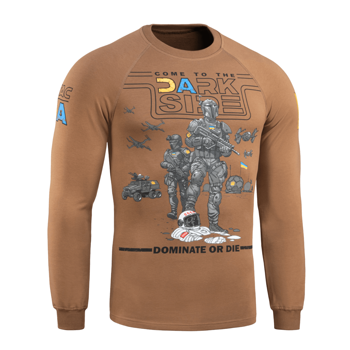 M-Tac Raglan T-Shirt UA Side ruskeana painatuksella 'Come to the Dark Side' ja sotilasaiheella, sopii arkeen. 95% puuvillaa, 5% elastaania.