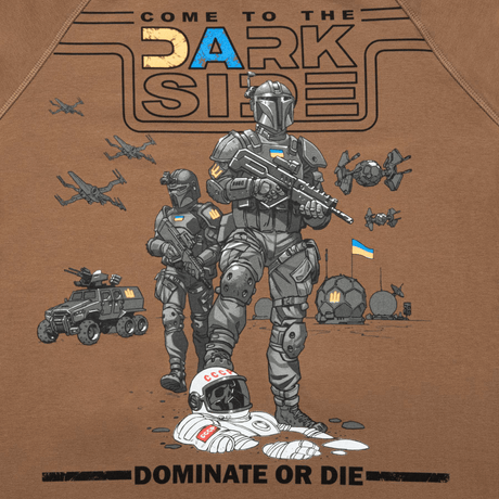 T-paidan kuvitus futuristisista sotilaista ja tekstillä 'Come to the Dark Side, Dominate or Die' M-Tac Raglan T-Shirt UA Sidessa.
