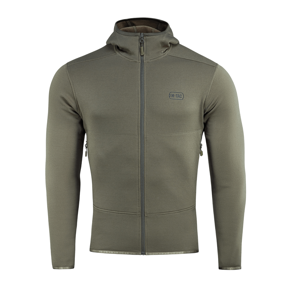 M-Tac Shadow Polartec Fleece -huppari oliivinvärisenä, valmistettu kestävästä Power Stretch Pro -fleecestä matalaprofiilisella hupulla lämmöstä ja toiminnallisuudesta.