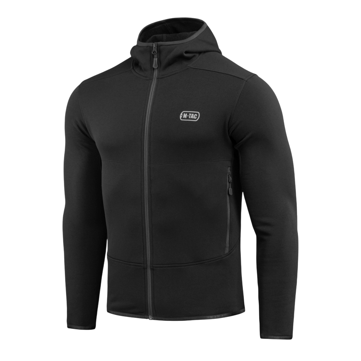 Musta M-Tac Shadow Polartec Fleece -huppari matalaprofiilisella hupulla ja täysvetoketjulla, valmistettu Power Stretch Pro -fleecestä.