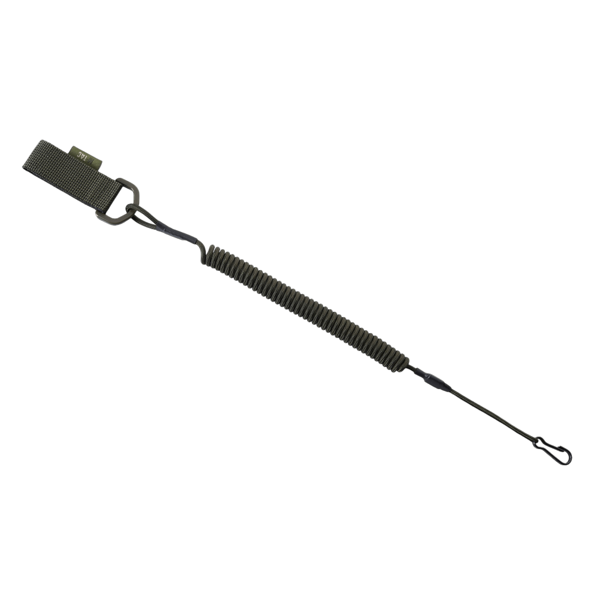 M-Tac Safety Cord med D-ring turvanyöri spiraalimuodossa varusteille kuten aseet, avaimet; puristettuna pituus: 280 mm, venytettynä: 1300 mm.