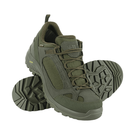 M-Tac Sneakers Tactical Demi-Season Pro Line vihreänä, suede- ja Cordura-päällisillä ja Vibram-pohjalla harjoitteluun ja vaellukseen.