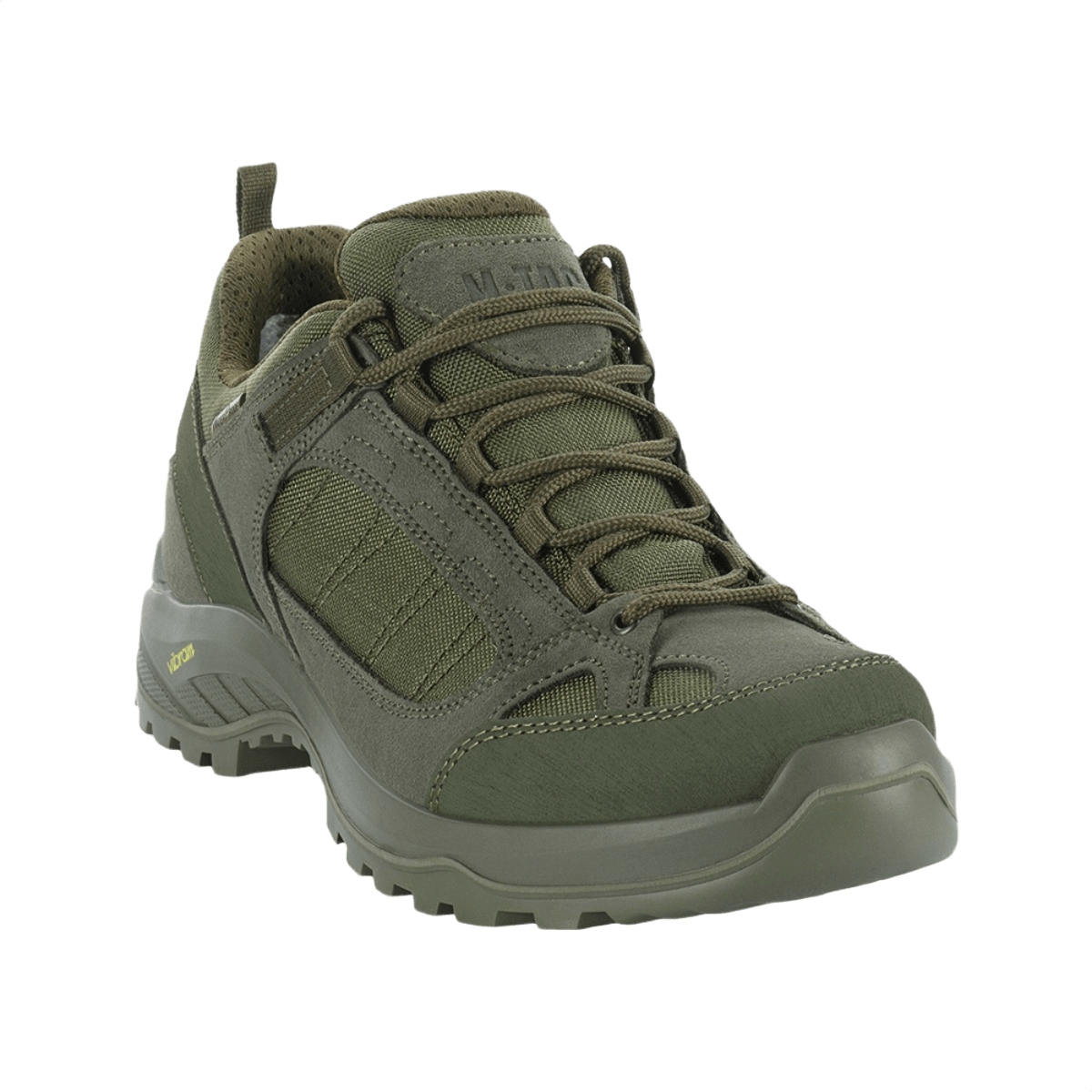M-Tac Sneakers Tactical Demi-Season Pro Line -kengät oliivinvihreänä, näyttävät kestävän suede- ja Cordura-päällisen sekä Vibram-pohjan.