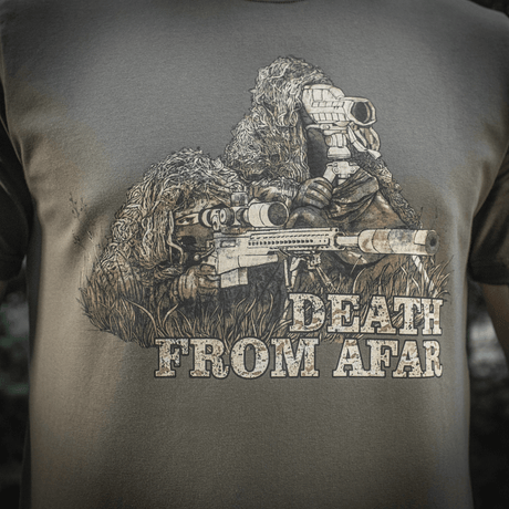 M-Tac Sniper T-paita "Death From Afar" -painatuksella, sopii sotilaalliseen käyttöön, valmistettu kestävästä 93 % puuvillasta ja 7 % elastaanista mukavuutta varten