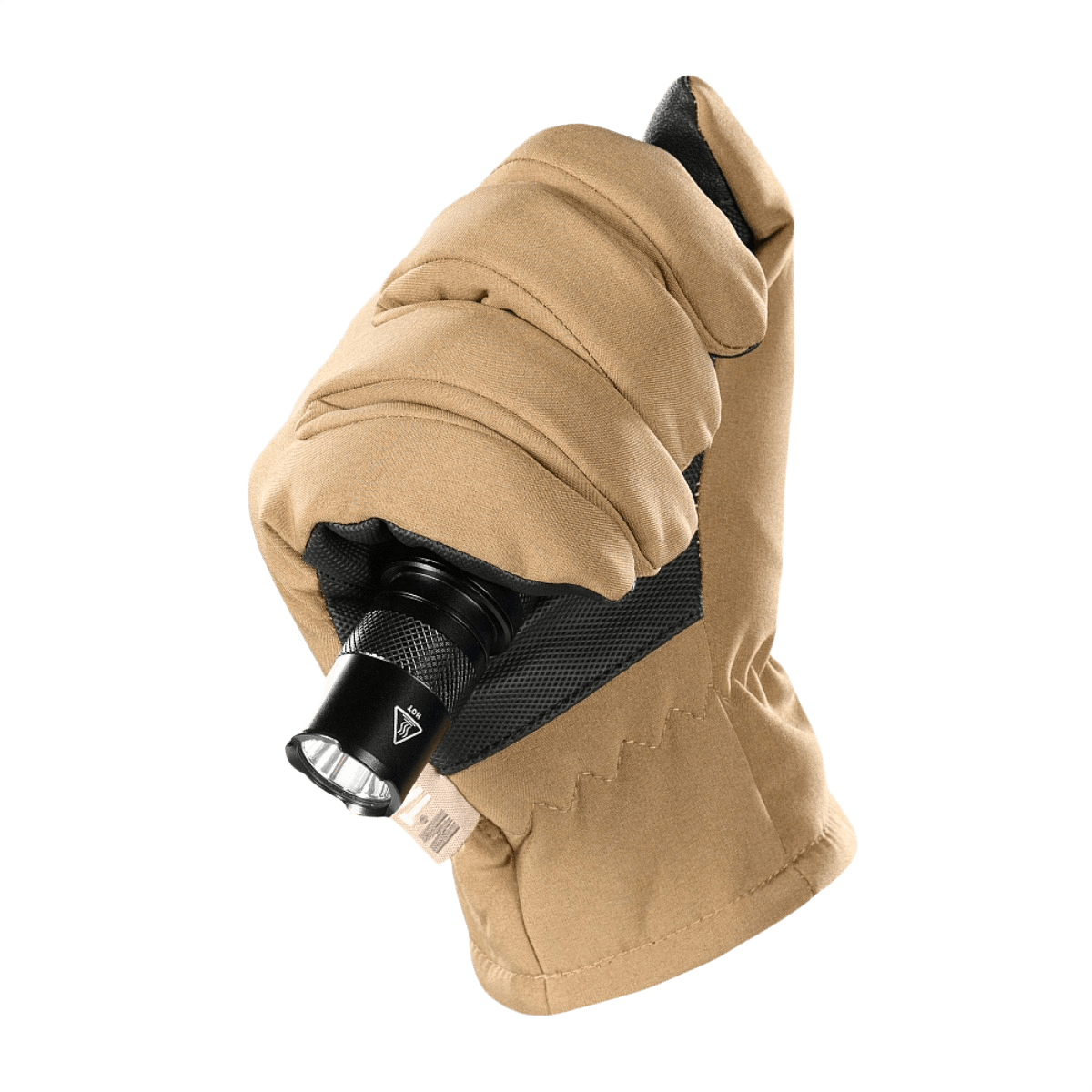 M-Tac-hanskat Soft Shell Thinsulate beigenä pitävät kiinni taskulampusta, sopivat ulkoiluun viileässä säässä.
