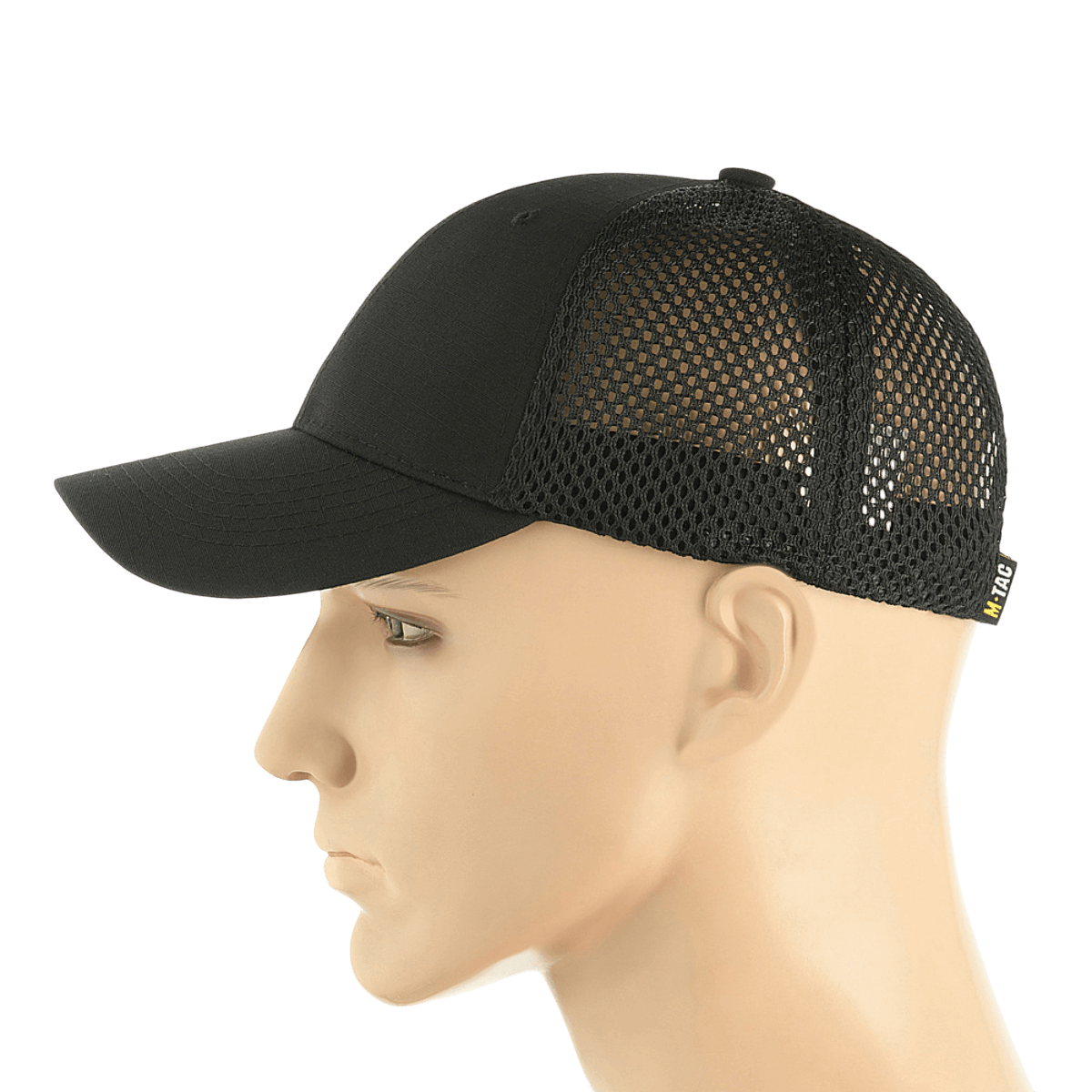 Musta M-Tac Mesh Flex Ripstop Baseball Cap ripstop-etuosalla ja mesh-paneeleilla, säädettävä Velcro-nauha ja kiinteä lippa ulkokäyttöön.
