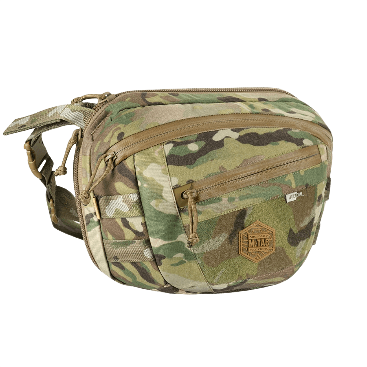 M-Tac Sphaera Hardsling Bag Large Elite med Velcro Cordura-materiaalista, säädettävä olkahihna ja Velcro-paneeli maastokuosissa.
