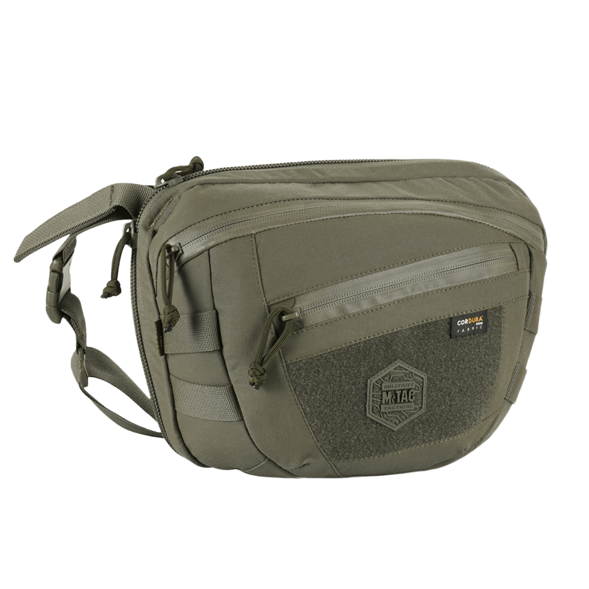 M-Tac Sphaera Hardsling Bag Large Elite med Velcro vihreänä Cordura-materiaalista, kompakti muotoilu, MOLLE-järjestelmä ja säädettävä olkahihna.