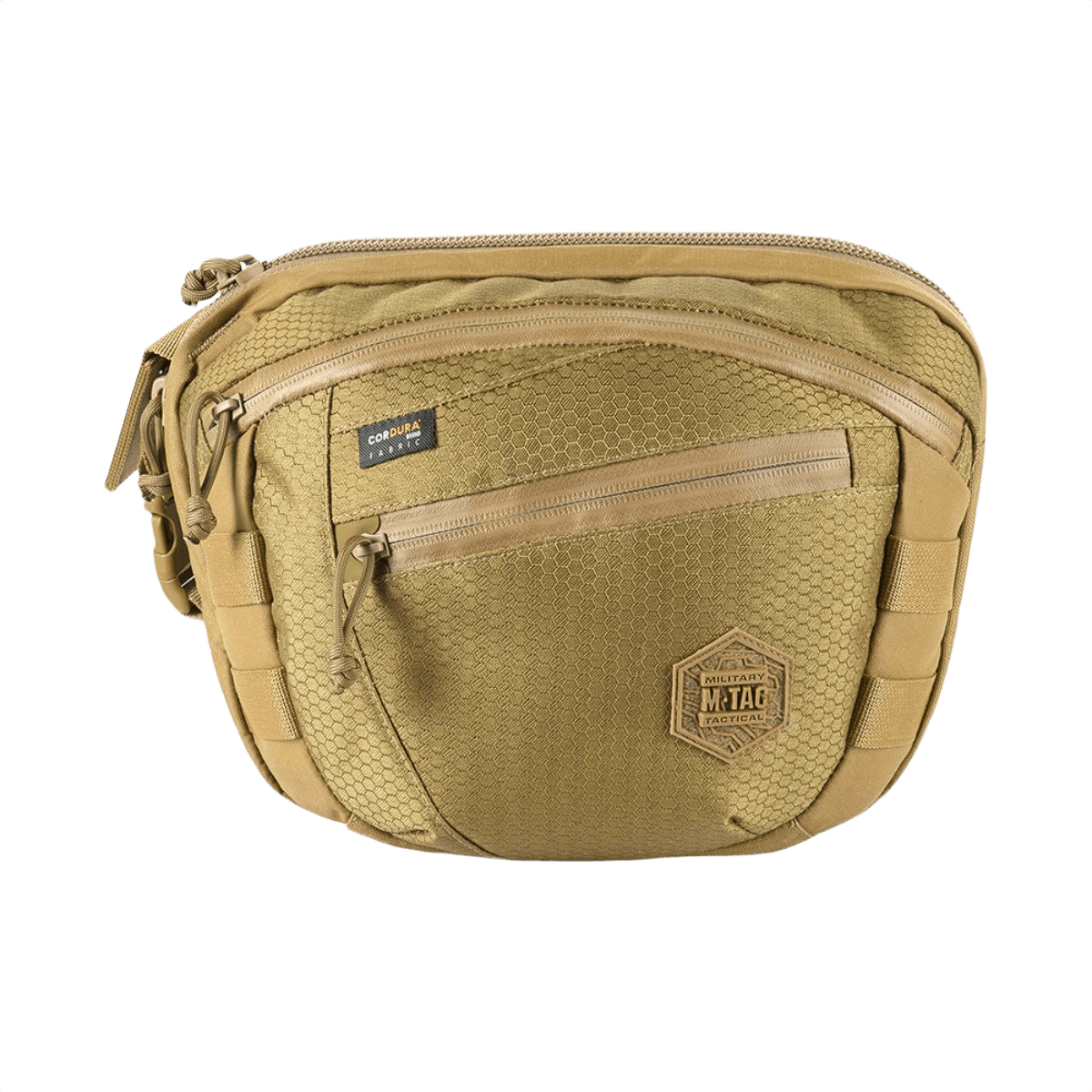 M-Tac Sphaera Hex Hardsling Bag Large Elite hiekansävyinen, kuusikulmainen kuvio ja etuvetoketjutasku, sopii ulkoiluun.