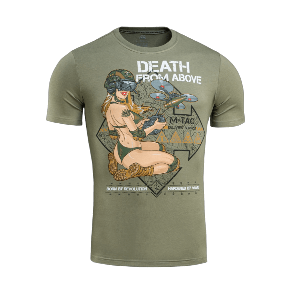 M-Tac T-Shirt Delivery Service Pin-up-designilla ja 'Death from Above' -tekstillä, inspiroitunut toisen maailmansodan amerikkalaisesta kulttuurista.