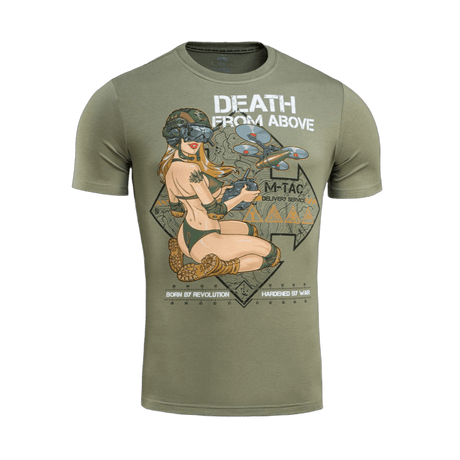 M-Tac T-Shirt Delivery Service Pin-up-designilla ja 'Death from Above' -tekstillä, inspiroitunut toisen maailmansodan amerikkalaisesta kulttuurista.
