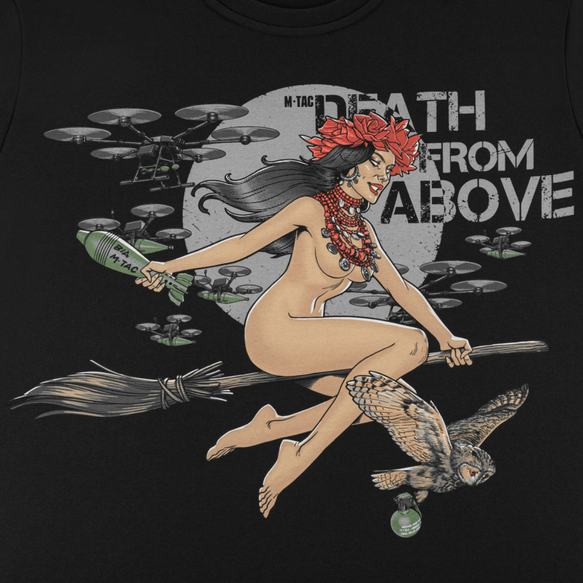 M-Tac T-paita Death From Above en noita-aiheella, droneilla ja pöllöllä modernissa sotilasmuotoilussa.