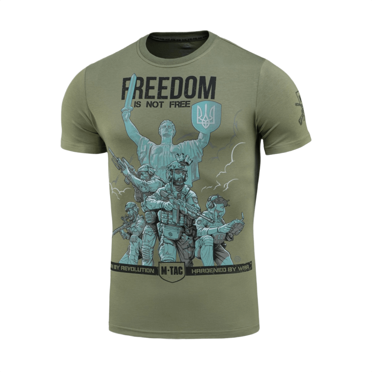 M-Tac T-Shirt Freedom printissä ukrainalaisia sotilas- ja vastarintasymboleja, kunnioittaa voimaa, rohkeutta ja vapautta. Pehmeä puuvillasekoite.