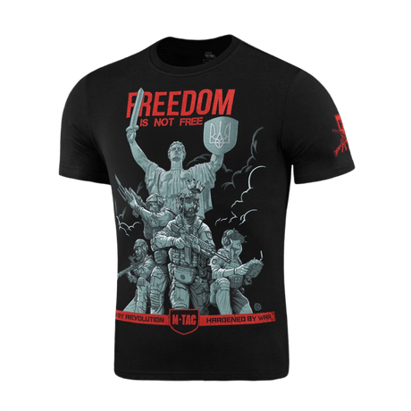 M-Tac T-Shirt Freedom mustana, printti sotilaista ja äitiyssymboliikasta, korostaa ukrainalaista rohkeutta ja vapautta.