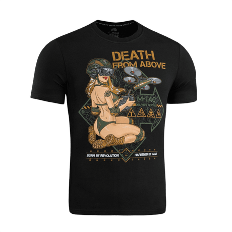 M-Tac T-Shirt Delivery Service pin-up-tytöllä ja drone-kuviolla, amerikkalaisesta WWII-kulttuurista inspiroitunut, teksti 'Death from Above'.