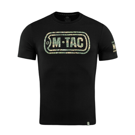 M-Tac T-Shirt Logo, camo ja ikoninen brändisuunnittelu, hihassa slogan "Born by Revolution – Hardened by War".