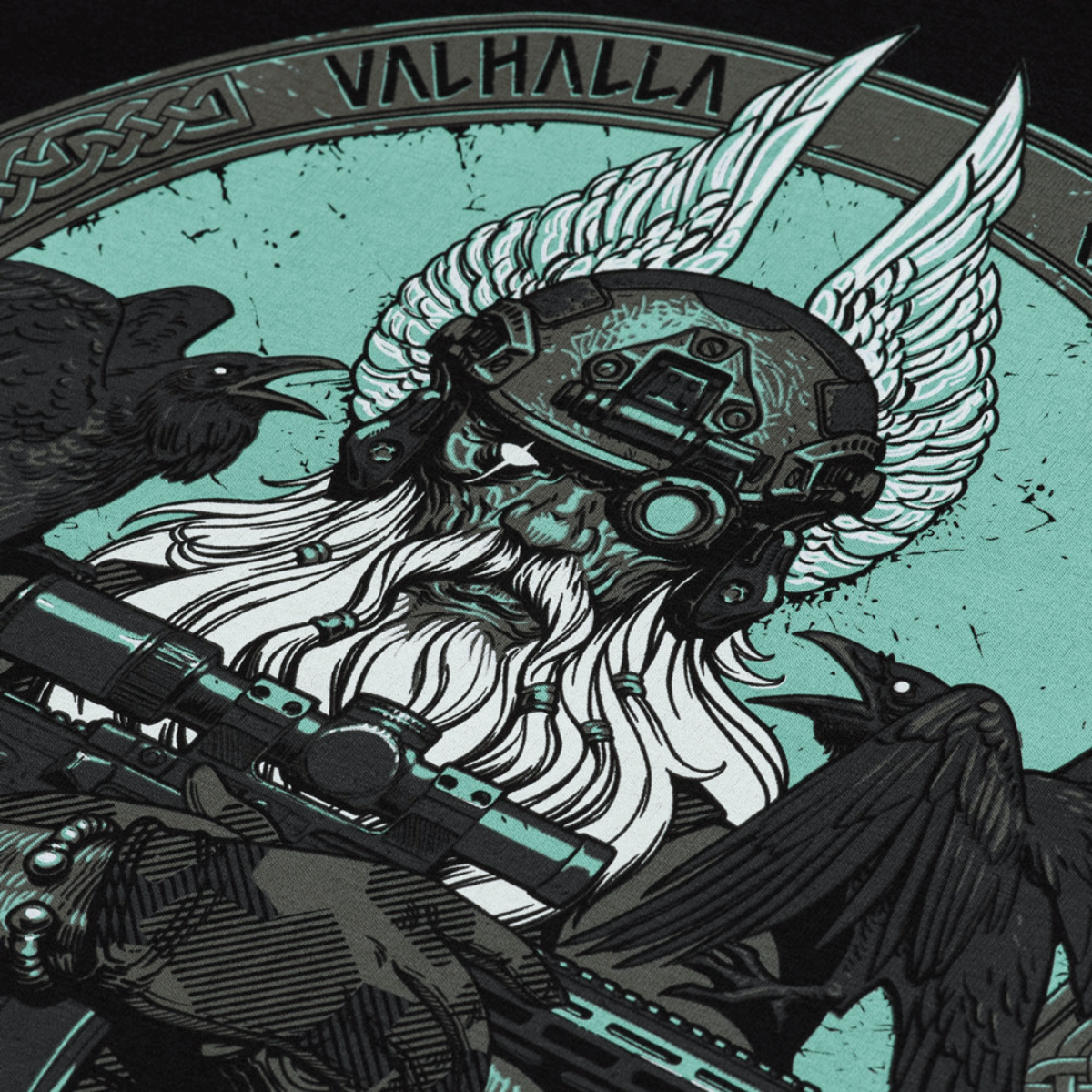 M-Tac T-Shirt Odin Mystery Long Sleeve -design, jossa Odin AR-15:n kanssa, moderni taisteluvälineistö, NVD-kypärä, korpit, Valhalla-teema.