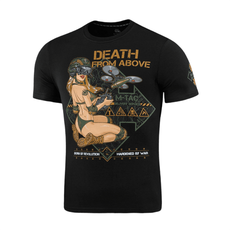 M-Tac T-Shirt Delivery Service, Pin-up-kulttuurista inspiroitu drone-kuvio ja teksti 'Death from Above' amerikkalaisessa WWII-tyylissä.