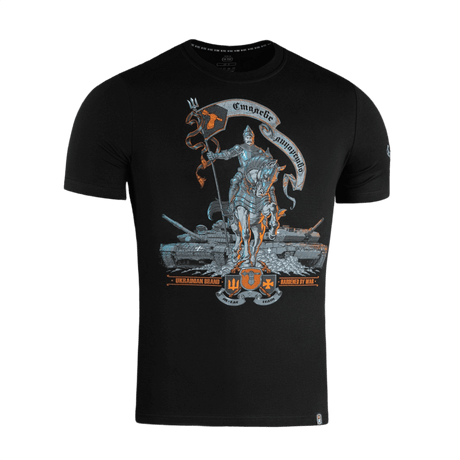 M-Tac T-Shirt Steel Knight, kuvaa ritaria ja panssarivaunuja, symboloi ukrainalaista voimaa ja rohkeutta, suunniteltu Ukrainan teräsratsastajille.