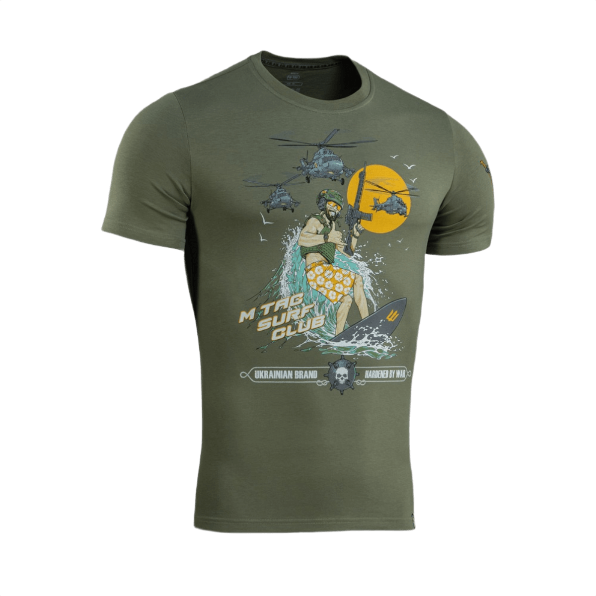 M-Tac T-Shirt Surf Club erikoisjoukkojen sotilasmuotoilu, innoittajana ukrainalaiset operaatiot ja surffikohtaukset. Valmistettu 93% puuvillasta, 7% elastaanista.
