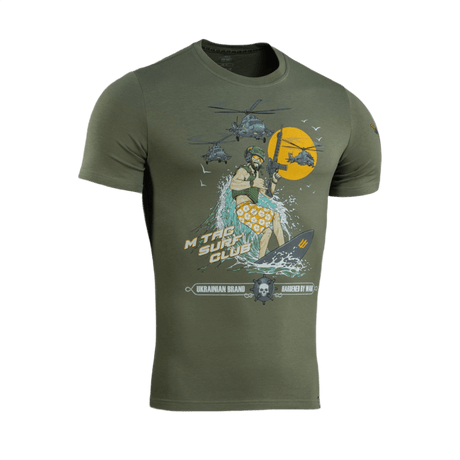 M-Tac T-Shirt Surf Club erikoisjoukkojen sotilasmuotoilu, innoittajana ukrainalaiset operaatiot ja surffikohtaukset. Valmistettu 93% puuvillasta, 7% elastaanista.