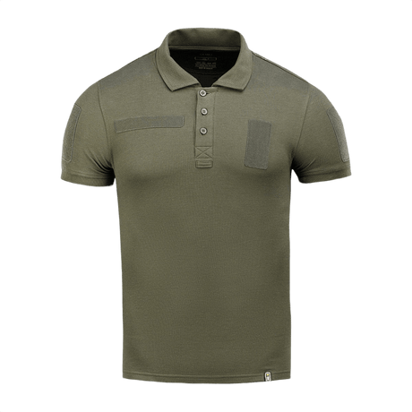 M-Tac Tactical Polo Shirt 65/35 oliivinvihreänä Velcro-paneeleilla merkeille, ihanteellinen poliisi- ja turvallisuushenkilöstön univormukäyttöön
