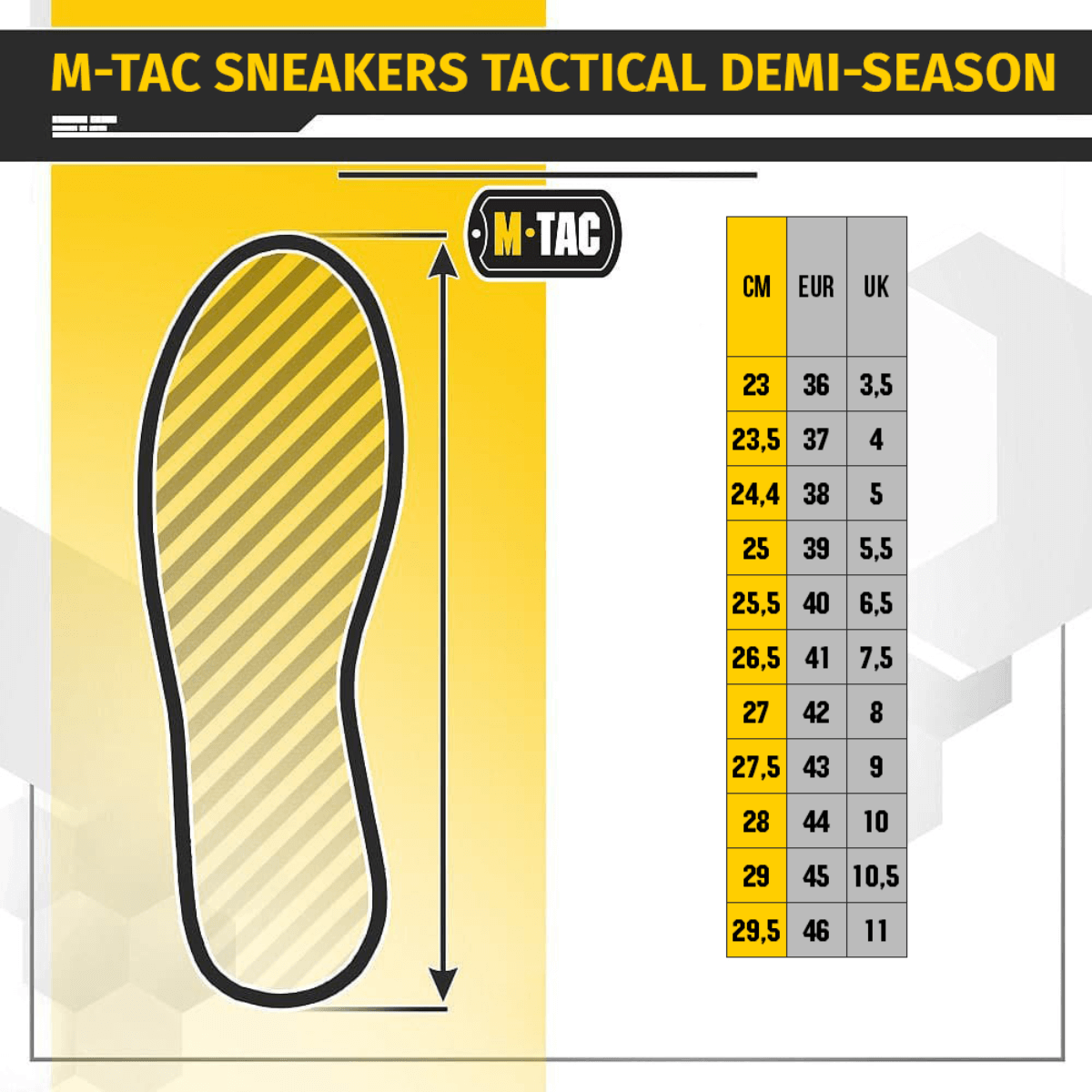 Kokotaulukko Tactical Sneakers Demi-Season – kevyt ja mukava, M-Tac, näyttää koot cm, EUR, UK.