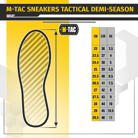Kokotaulukko Tactical Sneakers Demi-Season – kevyt ja mukava, M-Tac, näyttää koot cm, EUR, UK.