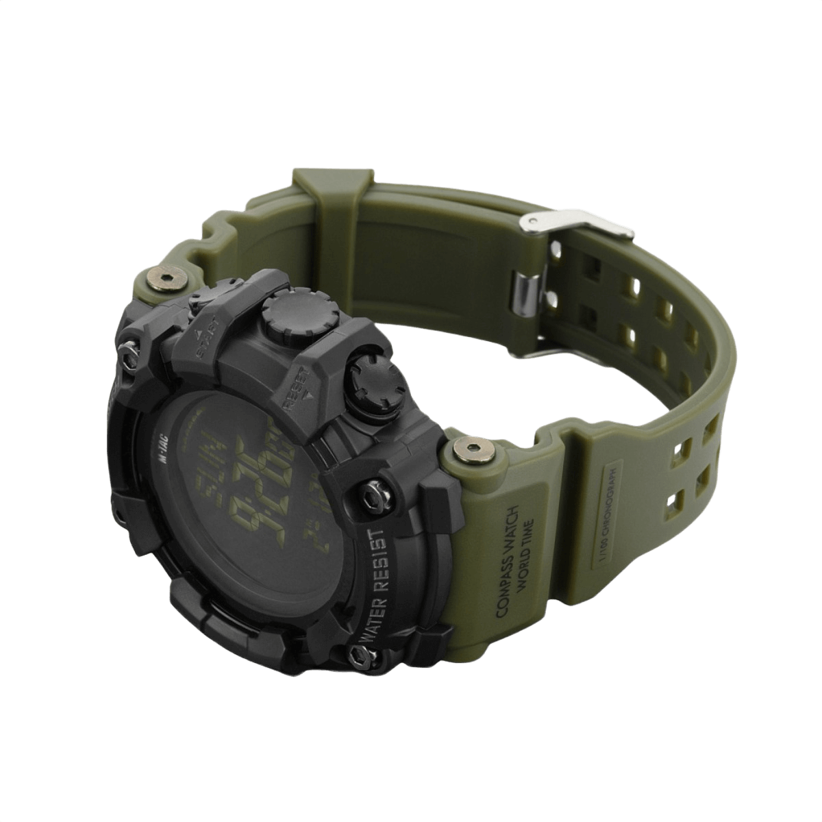 M-Tac Tactical Ur 2037, tukeva kello kompassilla ja vesitiiviydellä, sopii ulko- ja taktiseen käyttöön, sivulta nähtynä voimakkaalla muotoilulla.