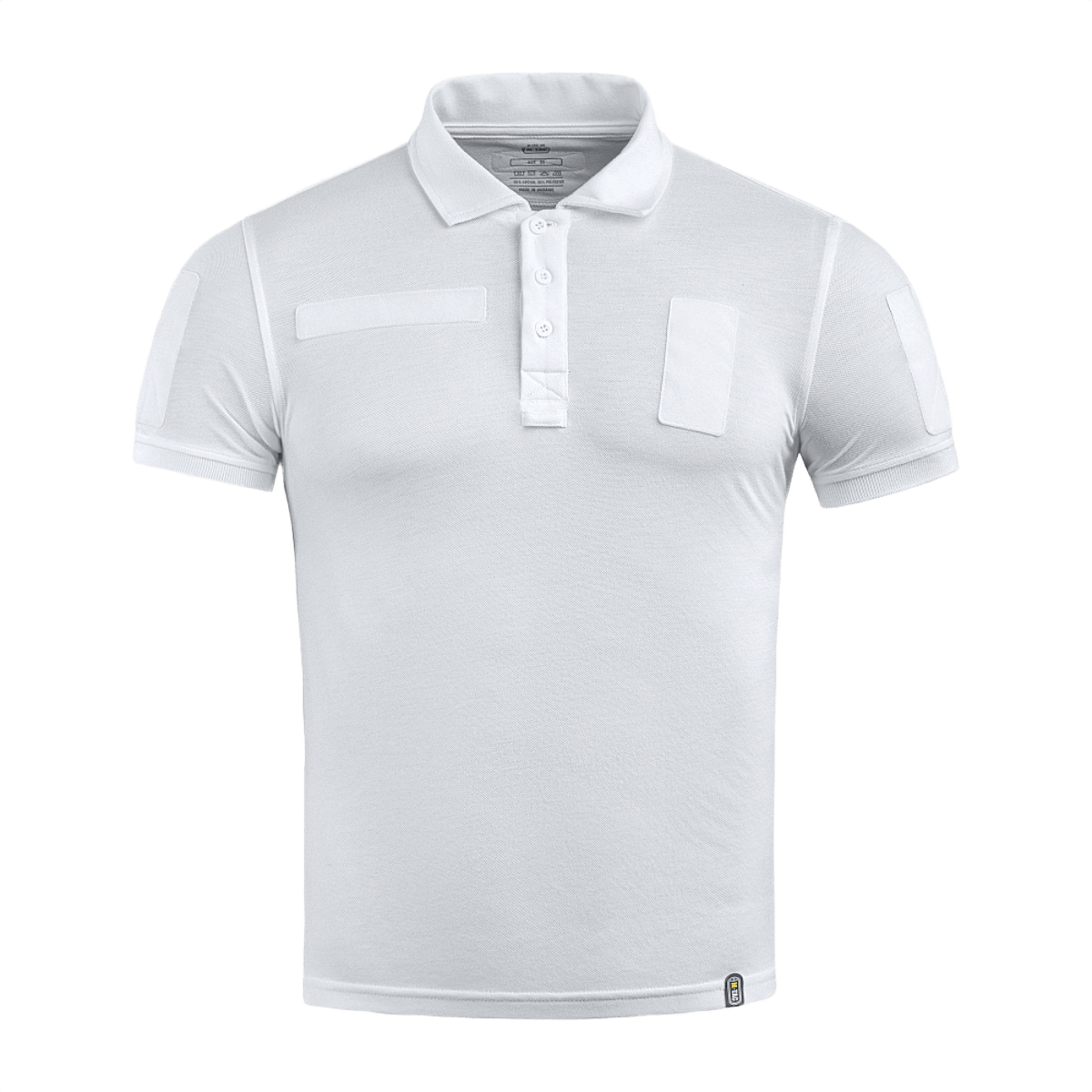 M-Tac Tactical Polo Shirt 65/35 valkoinen Velcro-paneeleilla univormuihin, poliisille ja turvallisuustyöhön. Valmistettu 65 % puuvillasta ja 35 % polyesteristä