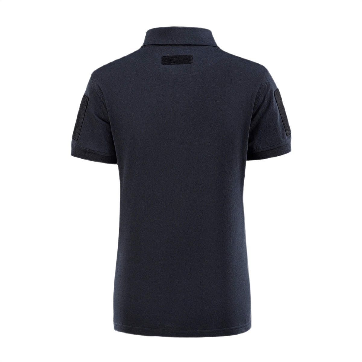 M-Tac Tactical Polo-Shirt 65/35 Lady takaa nähtynä, musta, mukava puuvilla-polyester, naisellinen istuvuus, Velcro hihoissa ja selässä.
