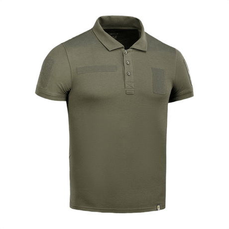 M-Tac Tactical Polo Shirt 65/35 oliivinvihreä Velcro-paneeleilla, täydellinen poliisin ja turvallisuushenkilöstön univormuihin, valmistettu 65 % puuvillasta ja 35 % polyesteristä