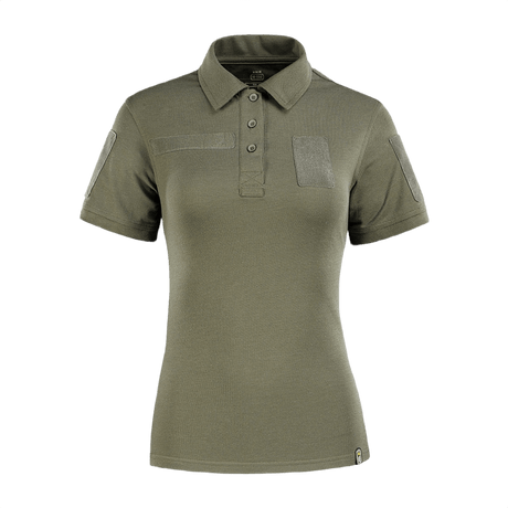 M-Tac Tactical Polo-Shirt 65/35 Lady oliivinvihreänä, naisellinen istuvuus, Velcro hihoissa ja rinnassa merkeille ja ID:lle.