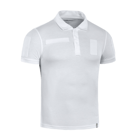 M-Tac Tactical Polo Shirt 65/35 valkoinen, suunniteltu poliisiunivormuihin, Velcro-paneelit merkeille ja tunnisteille