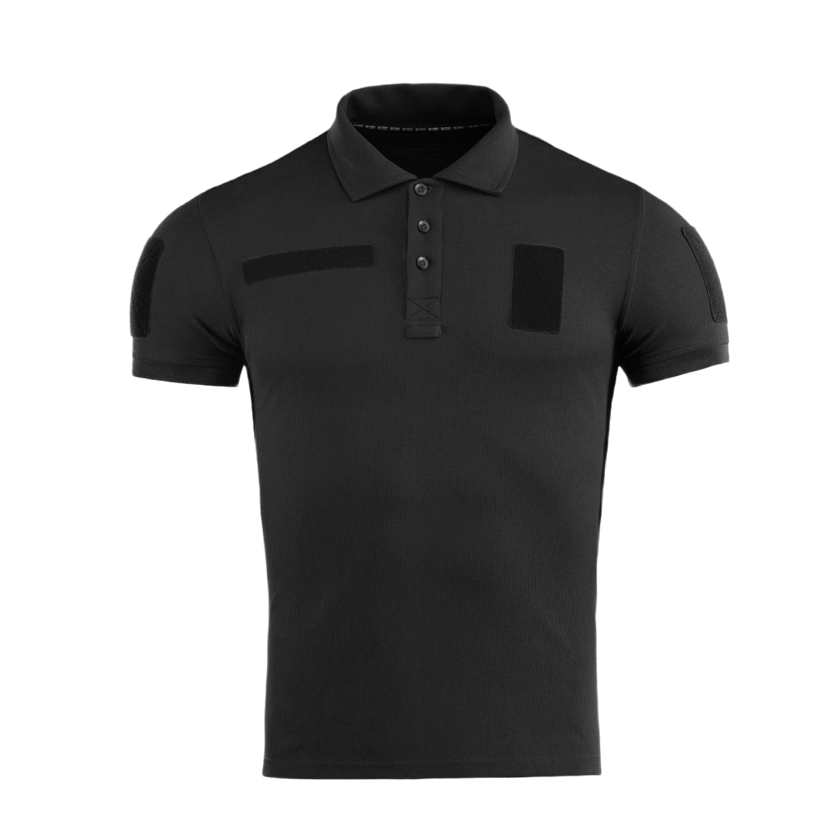 M-Tac Tactical Polo Shirt 65/35 musta Velcro-paneeleilla. Sopii poliisi- ja turvallisuustyöhön mukavuuden ja kestävyyden vuoksi