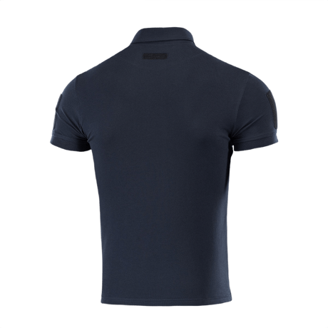 M-Tac Tactical Polo Shirt 65/35 tummansininen takaa, suunniteltu poliisi- ja turvallisuustyöhön Velcro-paneeleilla tunnisteille