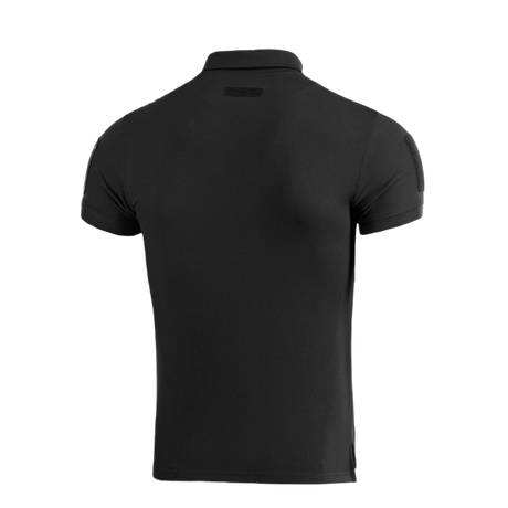 M-Tac Tactical Polo Shirt 65/35 musta takaa, suunniteltu poliisi- ja turvallisuushenkilöstölle Velcro-paneeleilla merkeille