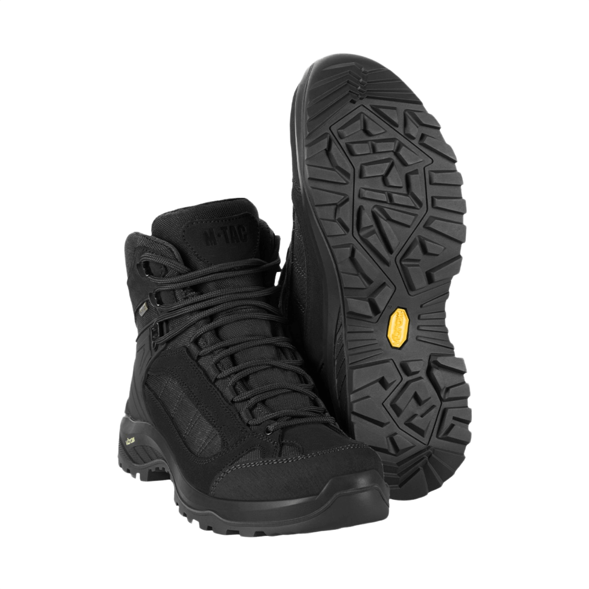 M-Tac Taktiske Demi-Season Støvler Pro Line Vibram-pohjalla, suunniteltu taktiseen käyttöön, vaellukseen ja fyysiseen aktiivisuuteen, valmistettu suede- ja Cordura-materiaaleista.