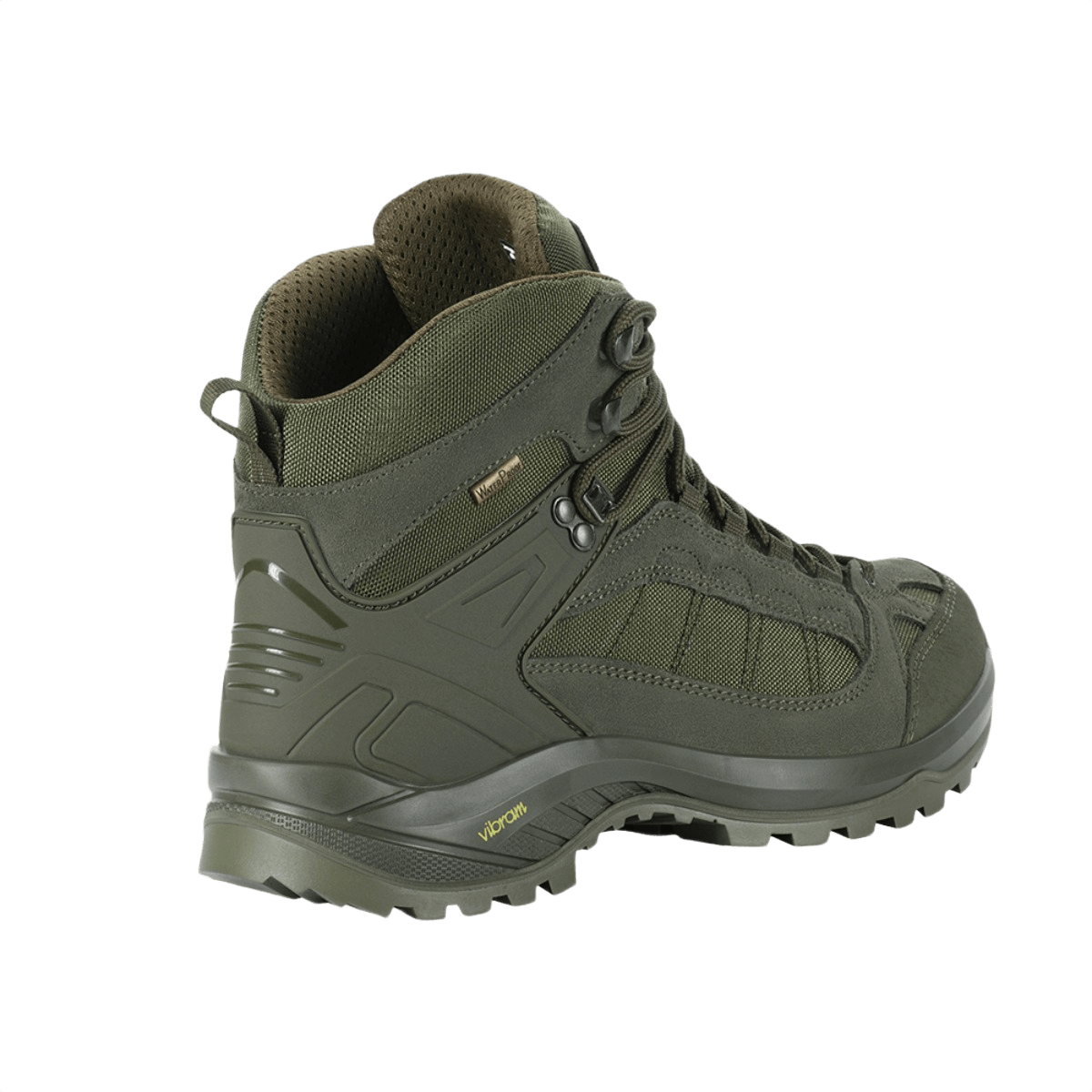 M-Tac Taktiske Demi-Season Støvler Pro Line vihreänä, kulutusta kestävällä suede- ja Cordura-päällisellä sekä patentoidulla Vibram-pohjalla.